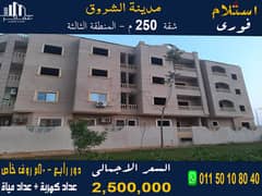 A 250 sqm apartment with a 50 sqm roof garden for sale in Shorouk, immediate receipt, complete with facilities