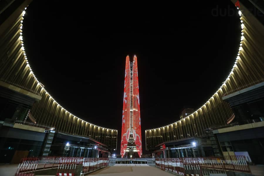 Without down payment, a fully finished office in the first skyscraper area in Egypt, in front of the iconic tower, the Green River, and Bin Zayed Axis 8