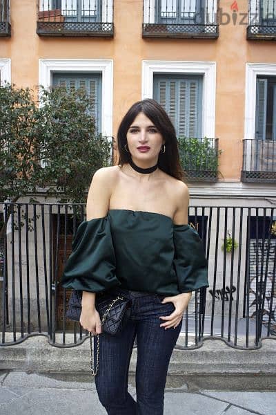 Zara Green Satin Off the Shoulder Bell Sleeve Top