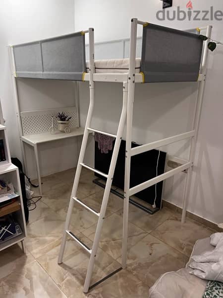 Loft bed with built-in table for study + Mattress90x200cm. IKEA 3