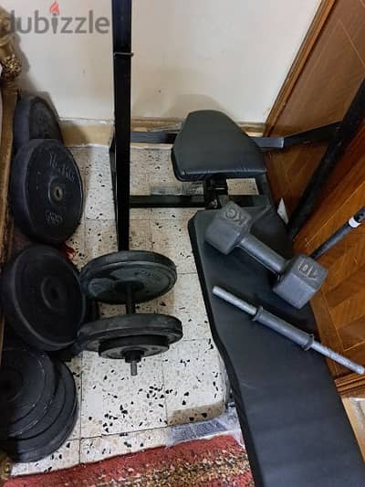 HOME GYM EQUIPMENT SET (Bar dumbell bench weights)