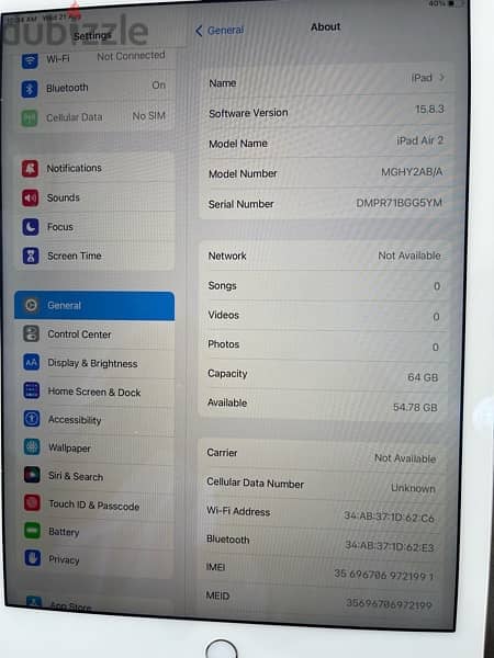 Ipad Air 2 64 GB أيباد اير WiFi + Sim, IOS :15.8. 3 2