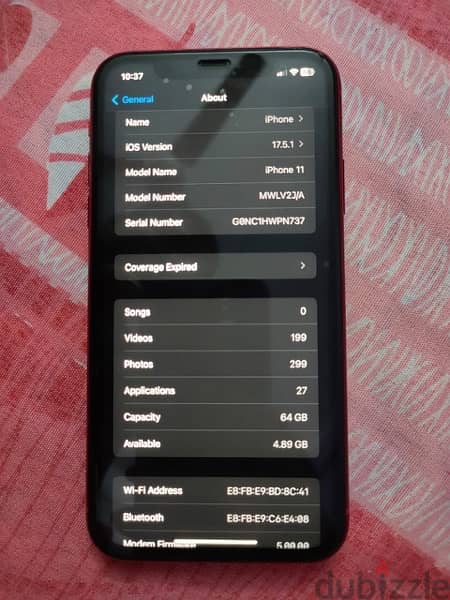آيفون ١١ لون احمر مساحه ٦٤ بطاريه ٨٣ جهاز وشاحن بس جهاز 6