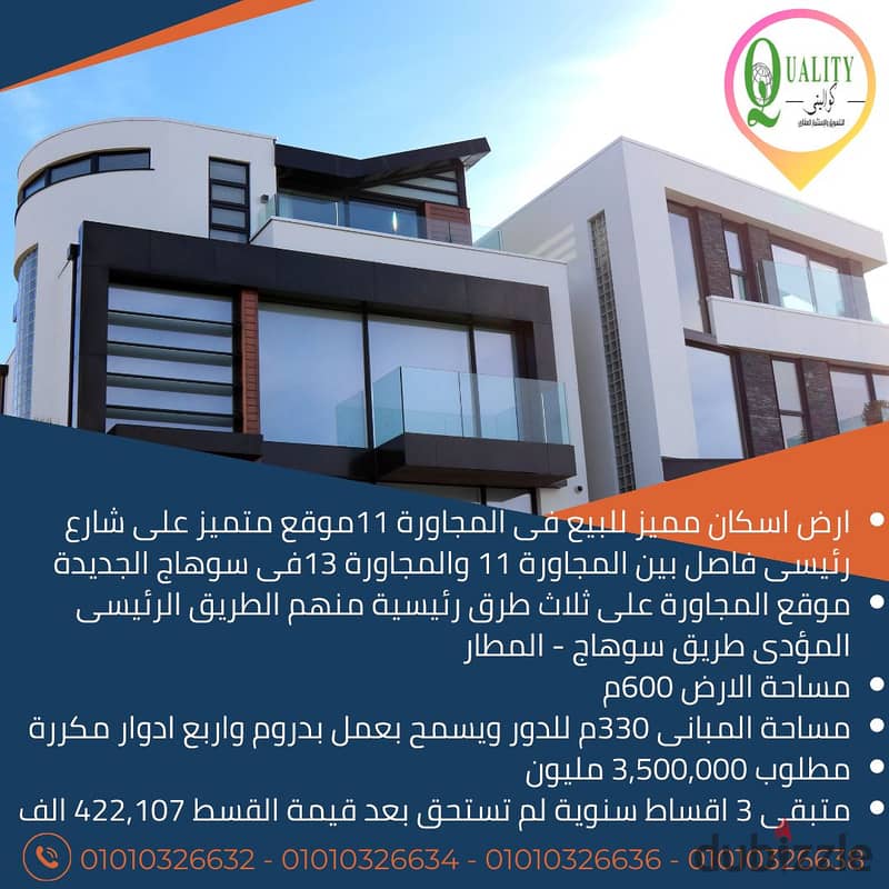 For Sale ارض اسكان مميز غربى مساحة 600م موقع ممتاز فى المجاورة 11 على الفاصل بين المجاورة 11 والمجاورة 13 المؤدى الى كل الطرق الرئيسية × سوهاج الجديدة 0