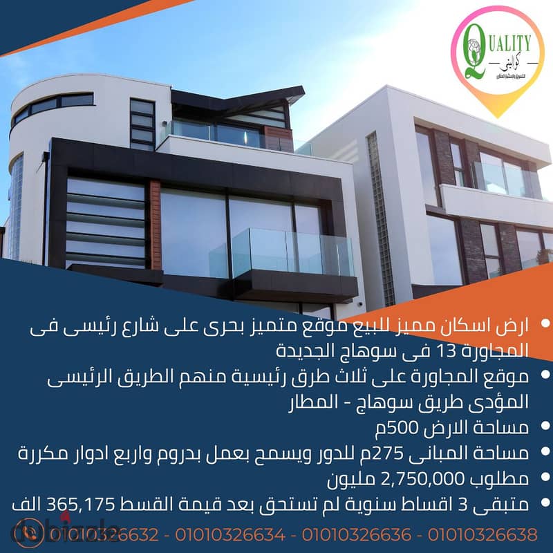 For Sale ارض اسكان مميز بحرى مساحة 500م موقع استثانئى على الشارع الفاصل بين المجاورة 13 والمجاورة 12 المؤدى الى كل الطرق الرئيسية فى سوهاج الجديدة 0