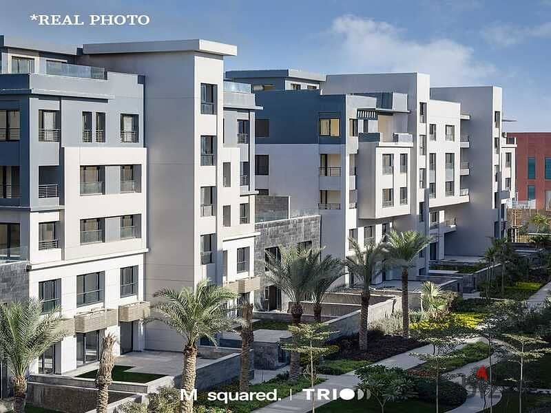 Apartment for sale in a garden in the heart of Golden Square, with a 5% down payment and equal installments, in Trio Gardens with M Square | With a 40 26