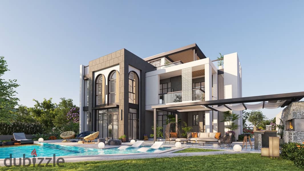 With a down payment of 536,193, I own a 222-square-meter Fiat townhouse with a garden and a swimming pool in The Eight Compound in Sheikh Zayed, Basin 1