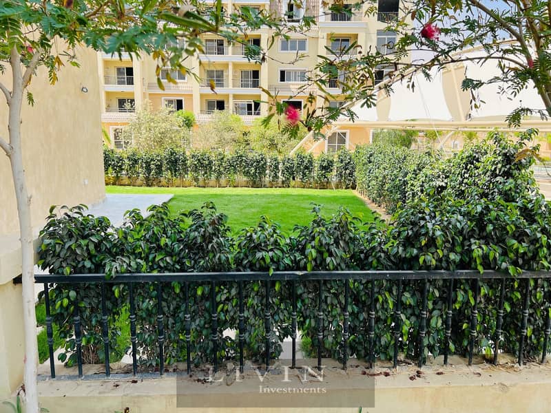 With a down payment of 450,000, a two-bedroom apartment with a garden for sale,  open view on landscape, in Sarai Compound, Mostaqbal City 1