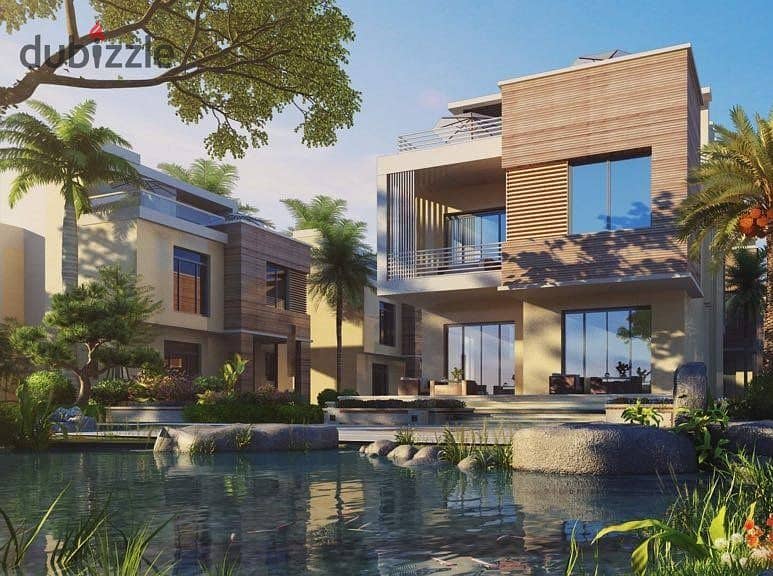 Villa for sale in Sarai compound with a stunning view of Cairo Capital Towers, next to Madinaty 8