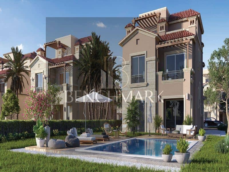 Townhouse villa 230 meters for sale, immediate delivery in La Vista City Compound, New Cairo, next to the Fifth Settlement, with a 30% discount 24