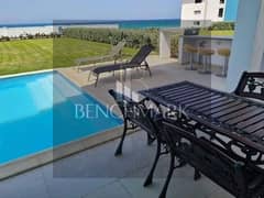 Chalet 3Bed for sale sea view finished with kitchen and ACs Direction White North Coast Ras El Hekma next to SODIC, Hacienda installments over 5 years