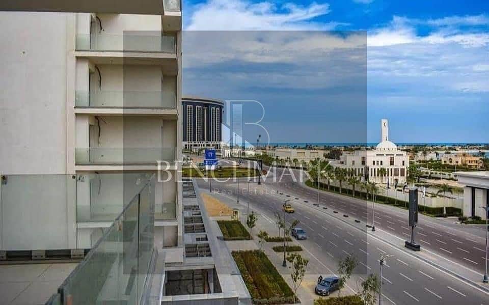 Apartment for sale in Garden 3 rooms Mazarine Compound North Coast, delivery soon, double view on El Alamein Towers next to Marina, in installments 6