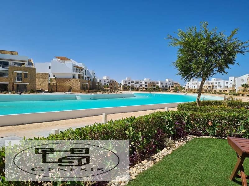 Chalet 138 sqm, hotel finishing, in Swan Lake, El Gouna, Hassan Allam, on the sea | in installments 14