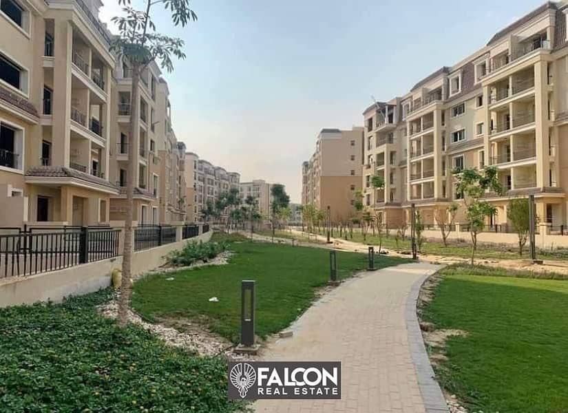 Ground floor apartment 111 sqm + garden 129 sqm, 42% discount in the Fifth Settlement, directly on the Suez Road, Sarai New Cairo Compound 12