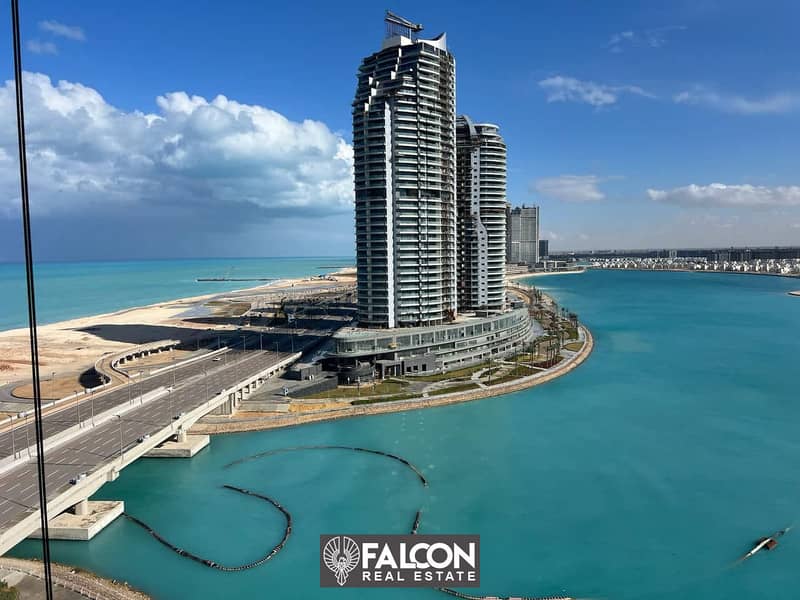 For sale, a hotel apartment directly overlooking the sea, finished and with air conditioning, on the North Coast in Al Alamein Towers 2