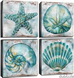 Beach Life Modern Vintage Wall Art Bathroom Decor Canvas Prints 4Pcs