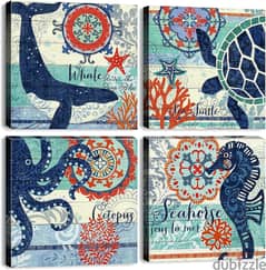 Ocean Life Modern Vintage Wall Art Bathroom Decor Canvas Prints 4Pcs 0