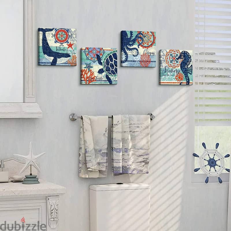 Ocean Life Modern Vintage Wall Art Bathroom Decor Canvas Prints 4Pcs 1