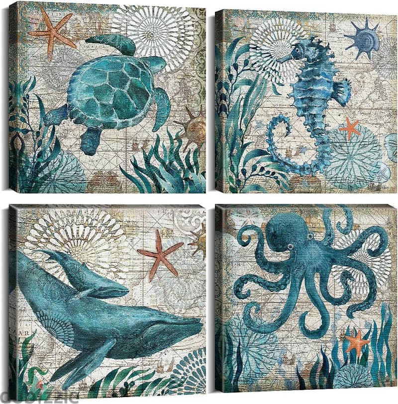 Ocean Life Modern Vintage Wall Art Bathroom Decor Canvas Prints 4Pcs 3