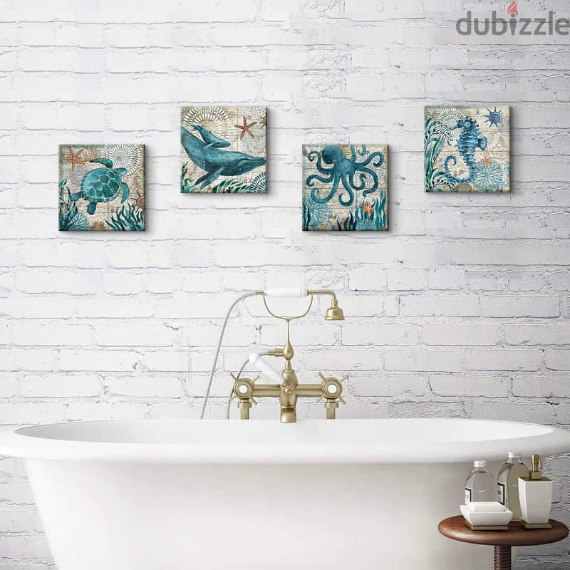 Ocean Life Modern Vintage Wall Art Bathroom Decor Canvas Prints 4Pcs 4