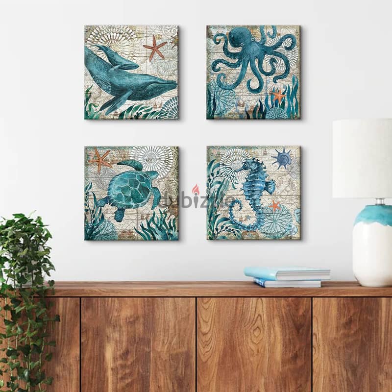 Ocean Life Modern Vintage Wall Art Bathroom Decor Canvas Prints 4Pcs 5