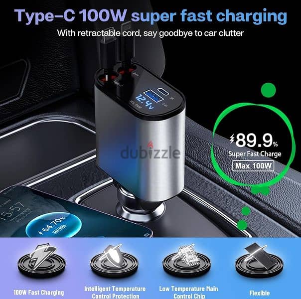 Retractable Car Charger with 100W 6