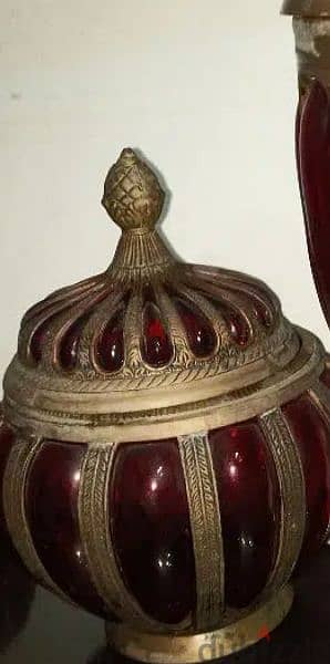 طقم كامل زجاج معشق فى نحاس احمر زمردى صناعة هندى  Ruby Red Glass Brass 1