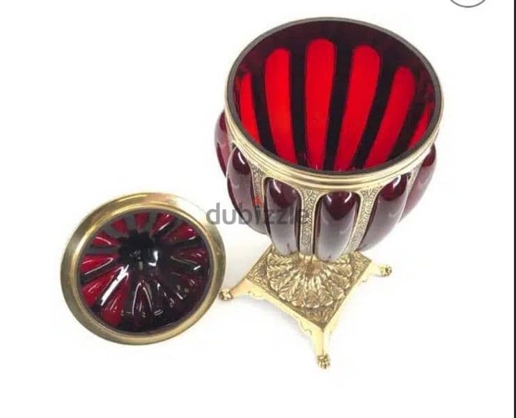 طقم كامل زجاج معشق فى نحاس احمر زمردى صناعة هندى  Ruby Red Glass Brass 5