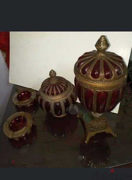 طقم كامل زجاج معشق فى نحاس احمر زمردى صناعة هندى  Ruby Red Glass Brass 7