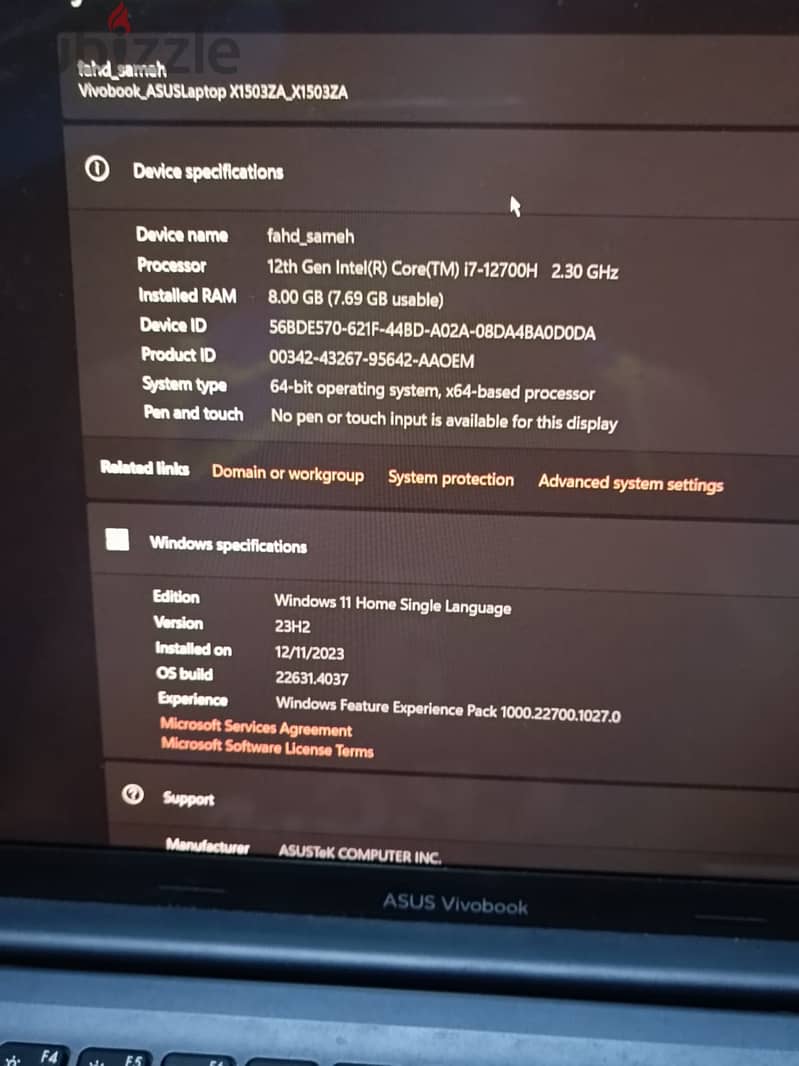 Asus vivobook X15 i7-12700H استعمال خفيف اوي قابل الفصال 7