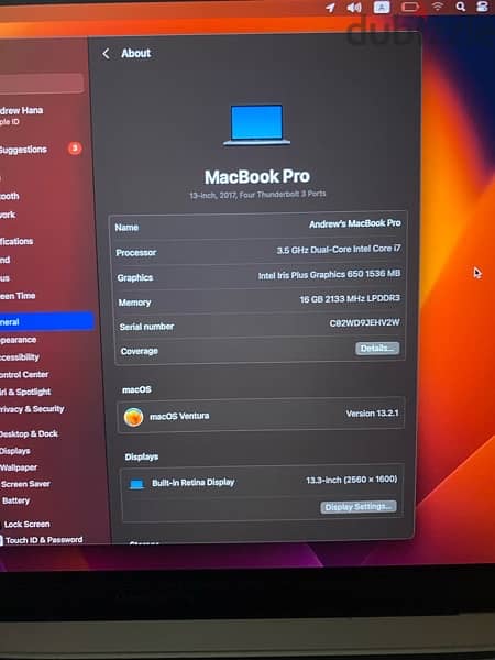 MacBook Pro 2017 13in/16ram/1TB 16