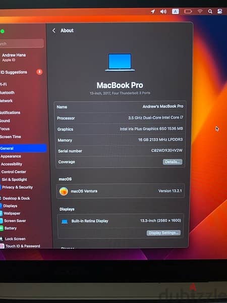 MacBook Pro 2017 13in/16ram/1TB 17