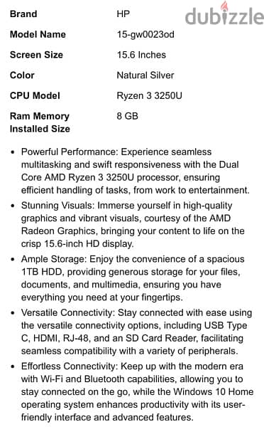 HP Model: 15-gw0023od AMD RYZEN3 3250U with RADEON GRAPHICS 2.6 GHZ 2