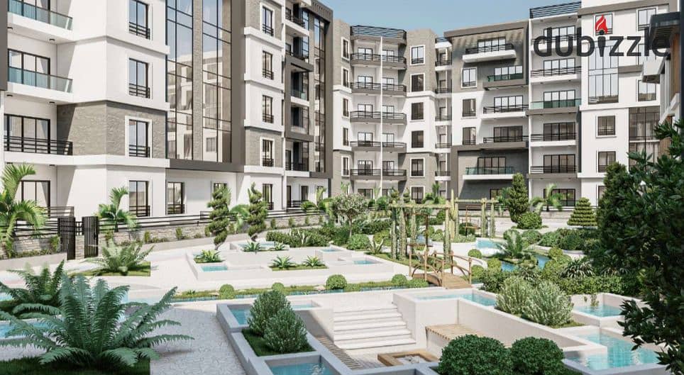 Own a fully finished apartment with a garden in front of ZED Towers, with installments over 8 years, in the heart of old Sheikh Zayed, next to KARMA K 7