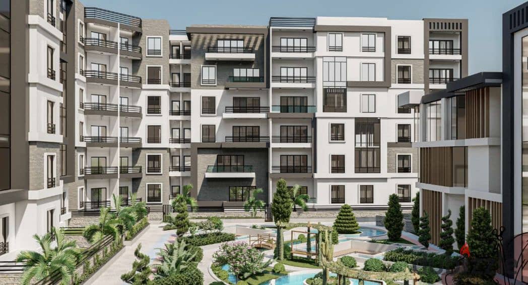 Own a fully finished apartment with a garden in front of ZED Towers, with installments over 8 years, in the heart of old Sheikh Zayed, next to KARMA K 18