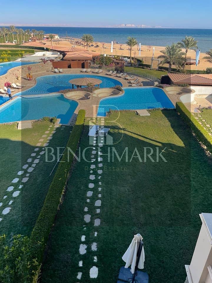 Ground chalet 100m with garden for sale in Blue Blue Village Ain Sokhna prime location and direct view on the sea in installments over long period 18