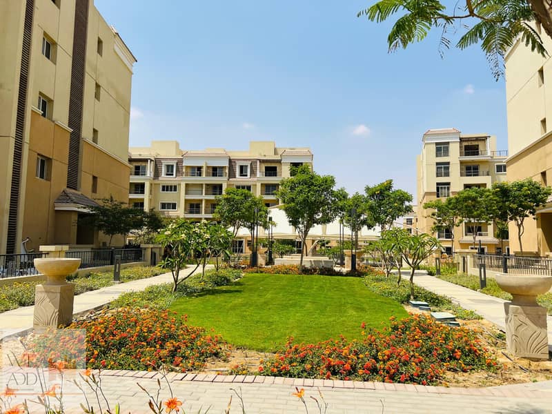 Apartment with a distinctive view of the garden in Sarai Compound, area 144 m with a 147 m garden, next to Mostakbal and Madinaty Prime Location 18