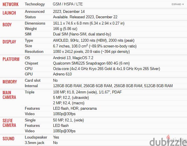 هونر X8b، سعة 512 جيجا، رام 8 جيجا، شبكة 4G LTE، بشريحتين اتصال - فضي 10