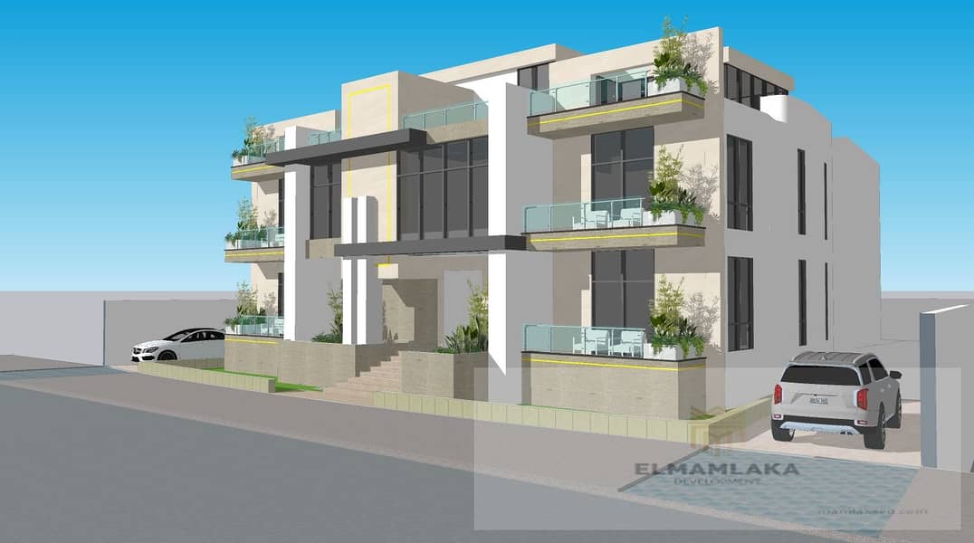 Ground-floor apartment with a garden for sale in a villa, just steps away from the Dahshur connector, on the main street in Sheikh Zayed, Al Bustan St 5