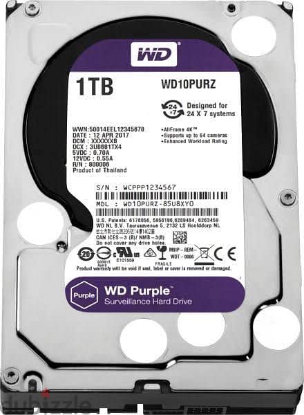 WD Surveillance Hard Drive, 1TB, Purple - 0