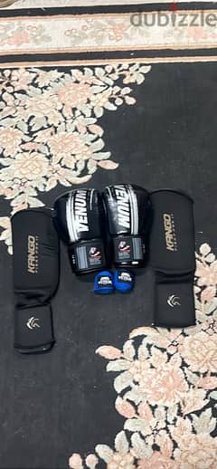 muay thai gloves, shin gaurds, bandage