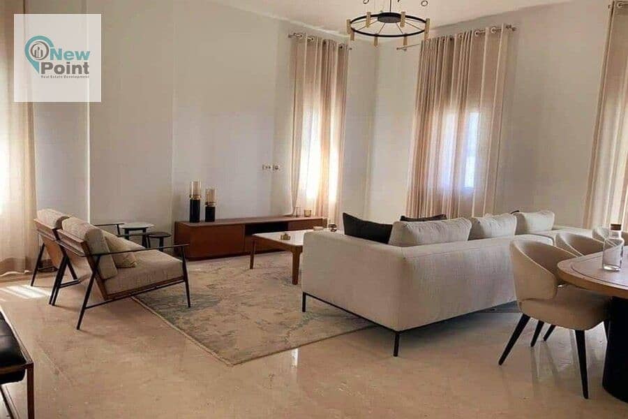 In the First Settlement and directly in front of Al-Rehab, a fully finished apartment by Hassan Allam Swan Lake Compound 1