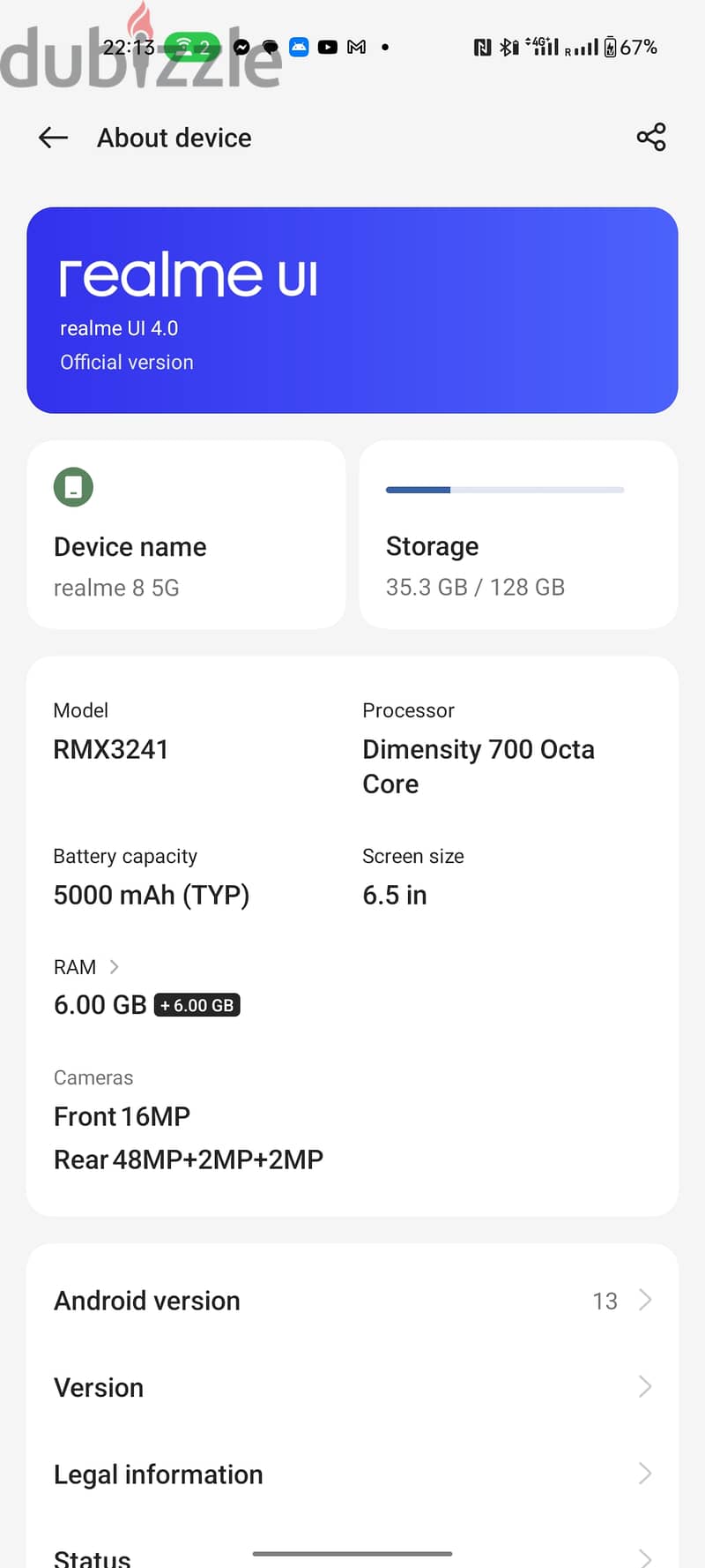 موبايل ريلمي realme 8 5g بحاله جيده معاه العلبه 1