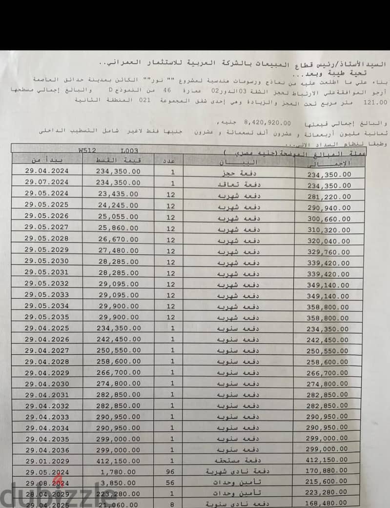 للبيع فى نور شقه تقسيط 121متر حجز شهر 4  مدفوع حجز وتعاقد : 468,000 ق 1