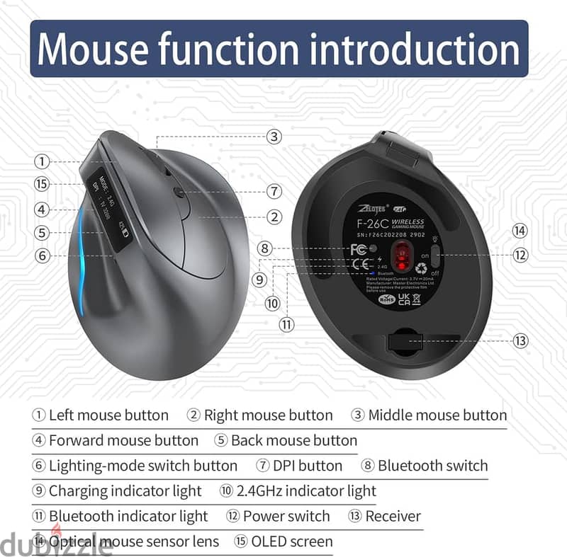 Zelotes Bluetooth Vertical Gaming Mouse Wireless with OLED Screen RGB 6