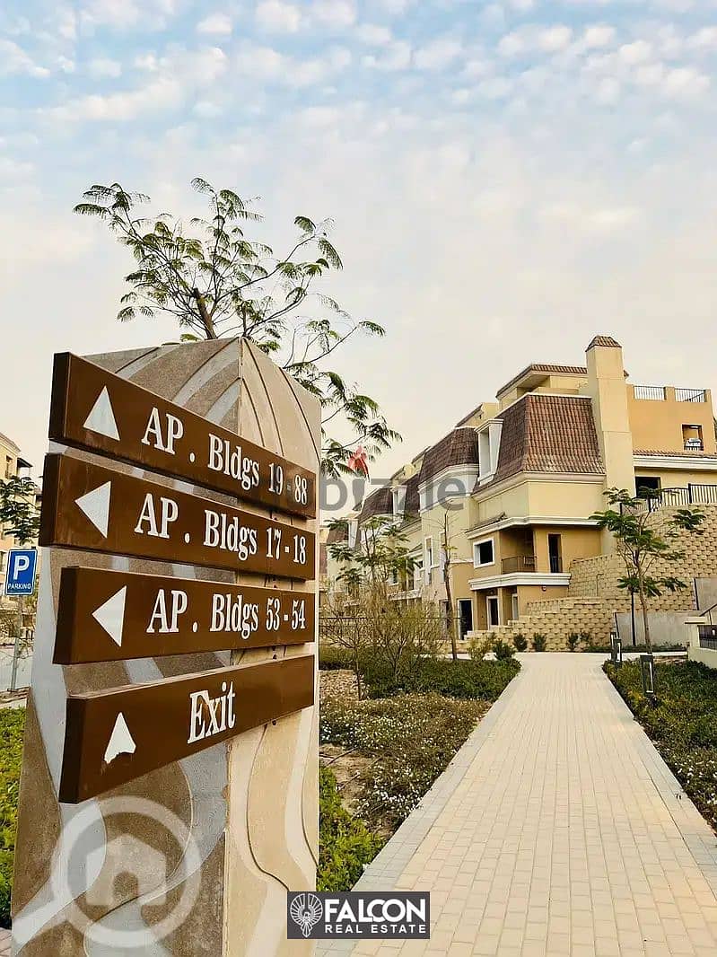 An apartment of 142 meters with a private garden of 150 meters for sale on the largest lake in New Cairo in a special location inside Sarai Compound 2