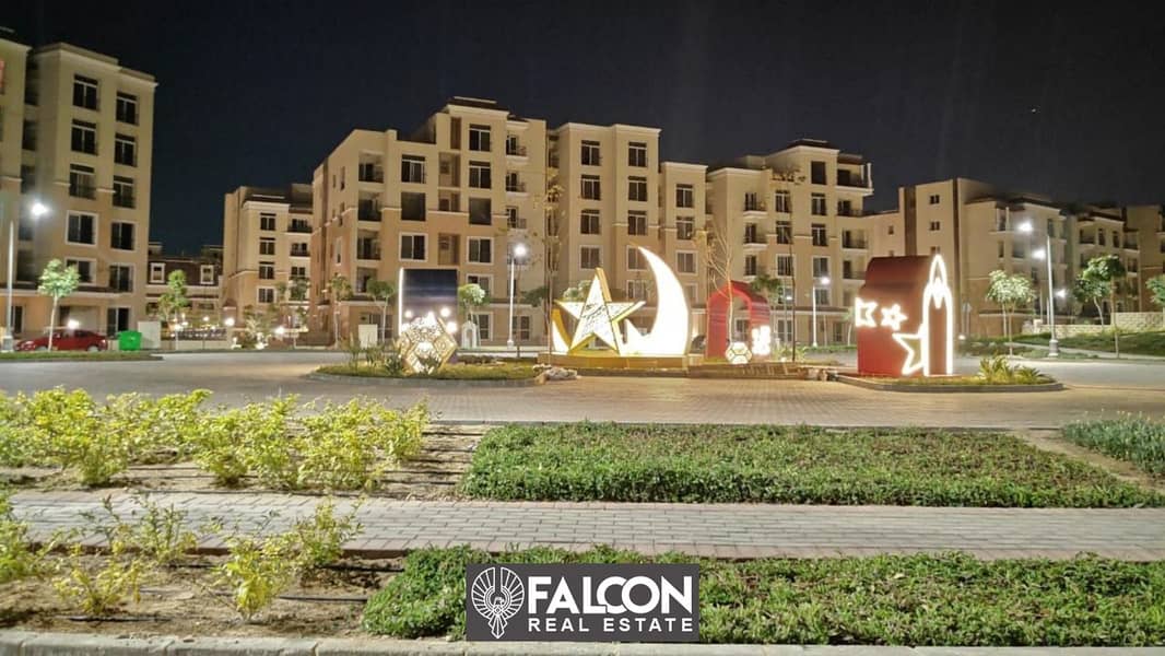 An apartment of 142 meters with a private garden of 150 meters for sale on the largest lake in New Cairo in a special location inside Sarai Compound 6