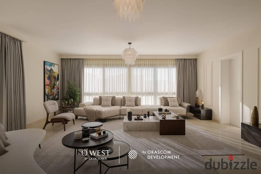 Apartment for sale at the lowest price in O West Compound by Orascom Company, delivery in one year, super deluxe finishing 1