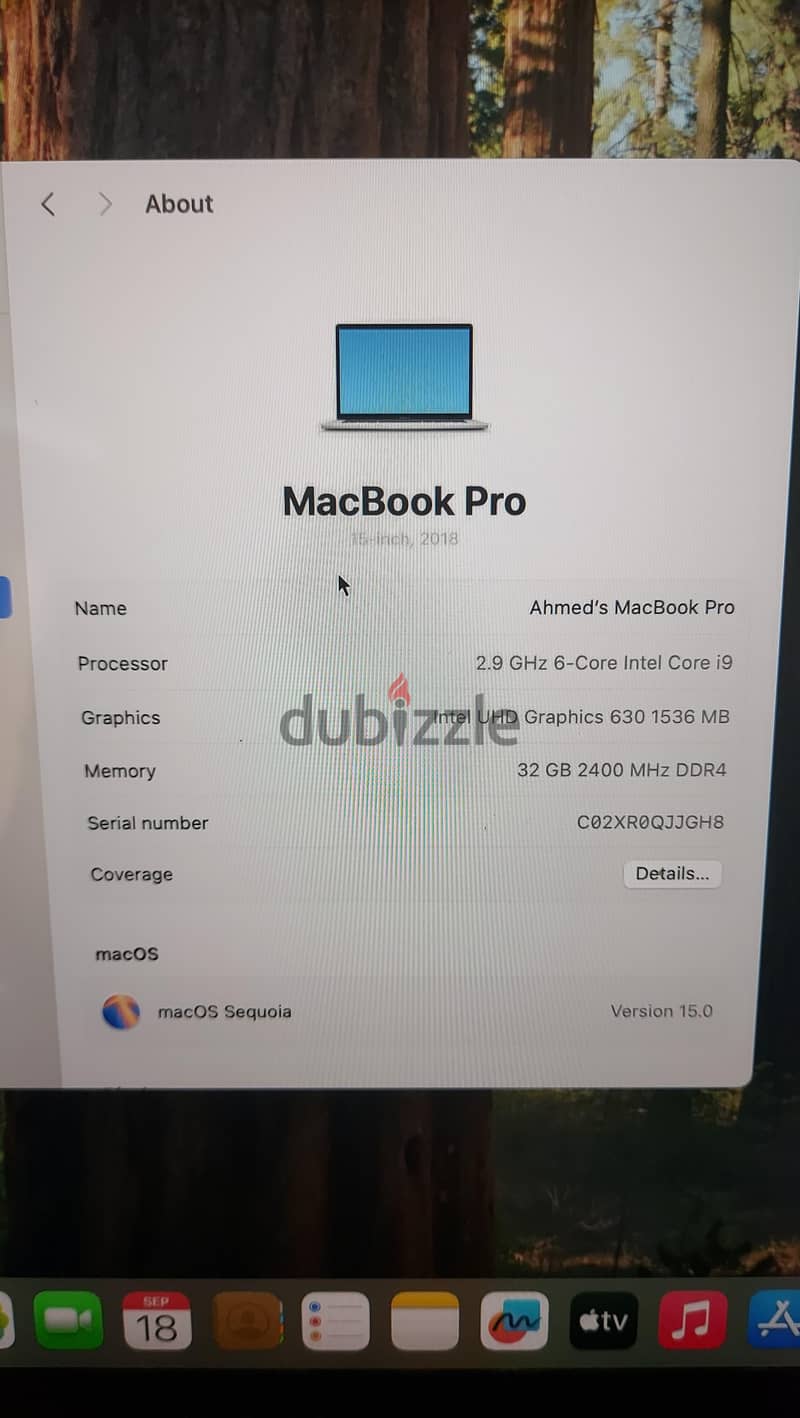 MacBook Pro 2018 Core I9 15 inches 1 Tb 7