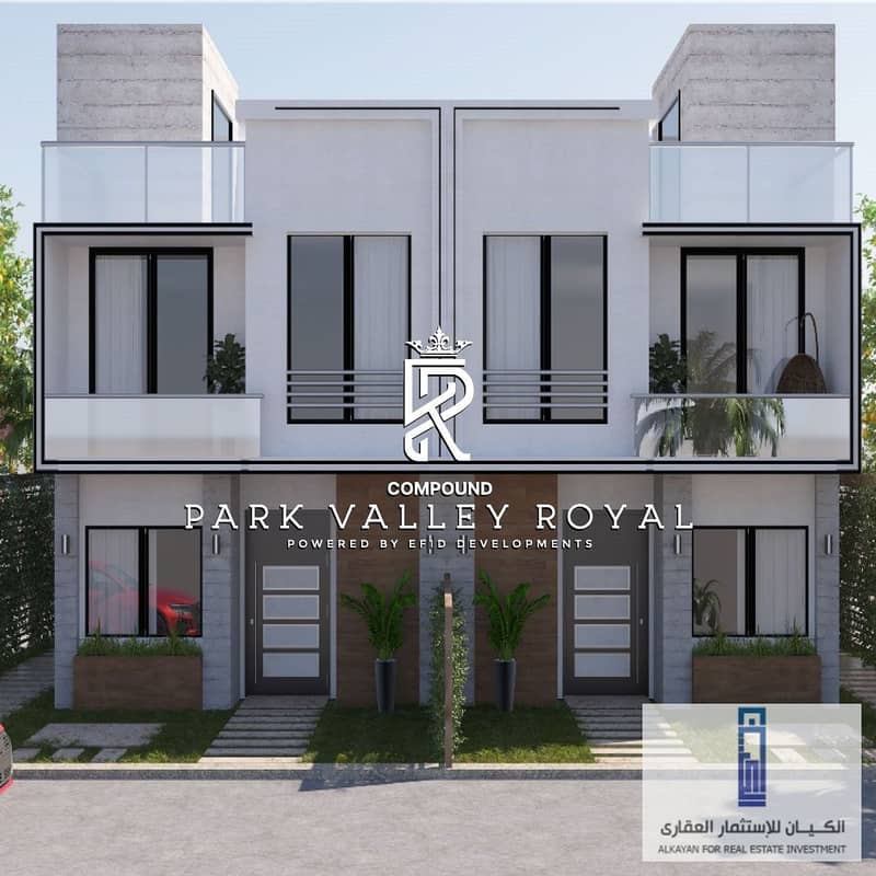 Installments over 12 years. . Own a 230m twin house villa for sale in New Sheikh Zayed in Park Valley Royal 6